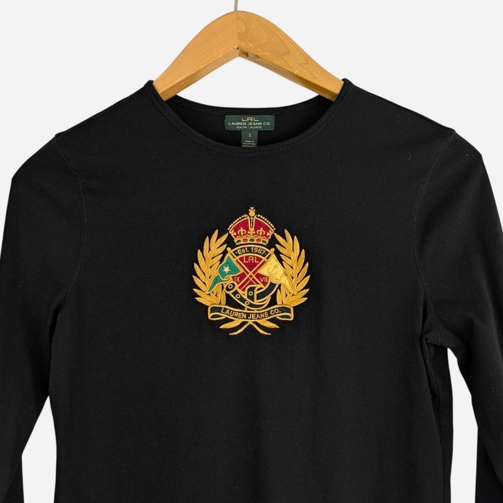 LRL Lauren Jeans Co Ralph Lauren Black Crest Embroidered Long Sleeve Shirt Small - Picture 2 of 5